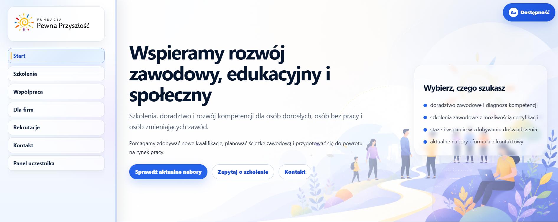 Mockup strony Fundacji Pewna Przyszłość z systemem naborów